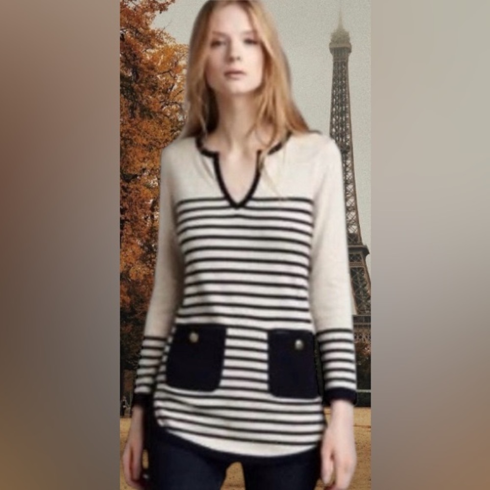 Tory Burch Odessa Black and Cream Striped V-Neck Sweater